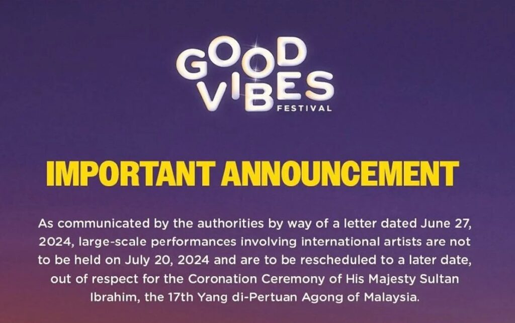 Good Vibes Festival cancelled to respect Malaysia’s Yang di-Pertuan Agong’s coronation | theHive.Asia Good Vibes Festival cancelled to respect Malaysia’s Yang di-Pertuan Agong’s coronation, news, celeb, concert, good vibes festival, j balvin, music, tiger jk, theHive.Asia