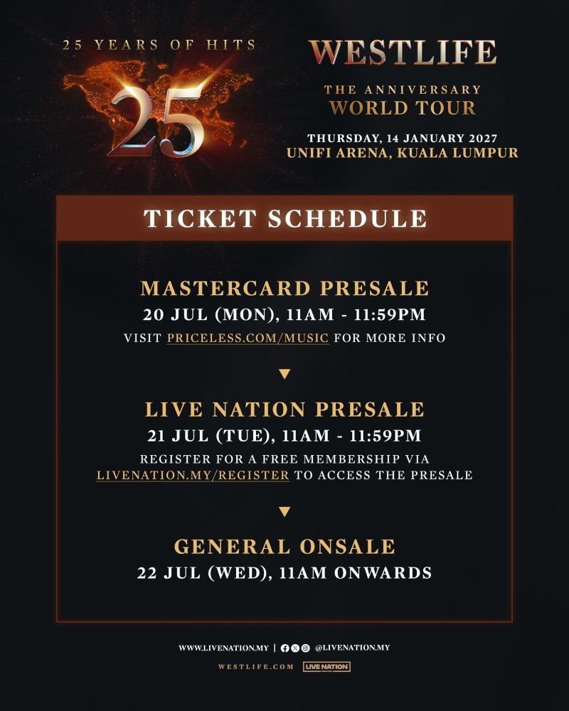 Westlife's 25th anniversary tour confirmed for Kuala Lumpur in January 2027 | theHive.Asia Westlife's 25th anniversary tour confirmed for Kuala Lumpur in January 2027, news, celeb, concert, music, westlife, theHive.Asia